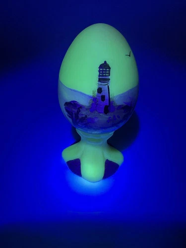 Fenton Burmese Egg Lighthouse Hand Painted Signed Uranium/Vaseline Glass Glows