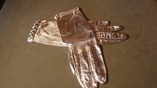 VINTAGE 8 1/2" LONG, FANCY SILVER LADIES SHORT GLOVES SZ SMALL, W BRAIDED TRIM