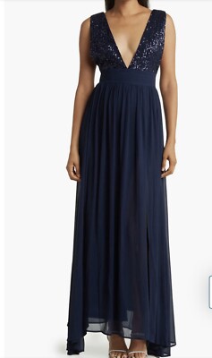 Daphne Sequin Top V-Plunge Maxi Dress Love By Design Blue NEW Sz XL