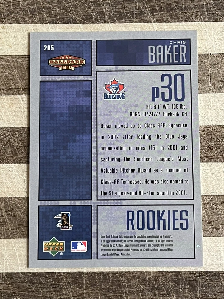 2002 Upper Deck Ballpark Idols Baseball Chris Baker Rookie Card #205 /1750 - Image 2 of 2
