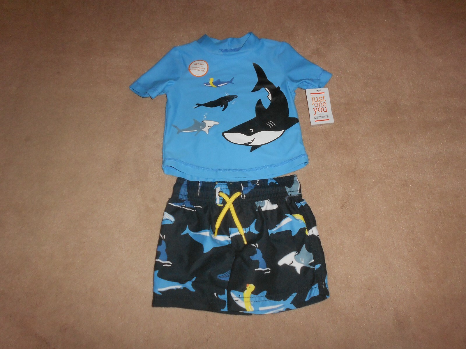 NEW, CARTERS JUST FOR YOU BABY BOYS RASH GUARD AND SWIM TRUNKS, SHARKS