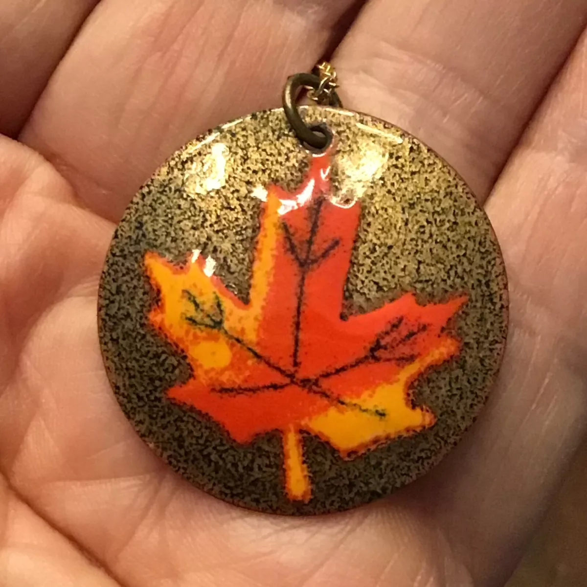 Vintage Jules Perrier Enamel Over Copper Maple Leaf Necklace Pendant Signed