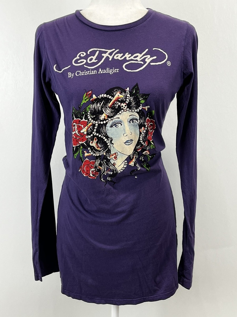 Vintage Ed Hardy Medusa Mini Tshirt Dress Large GUC Purple Tattoo
