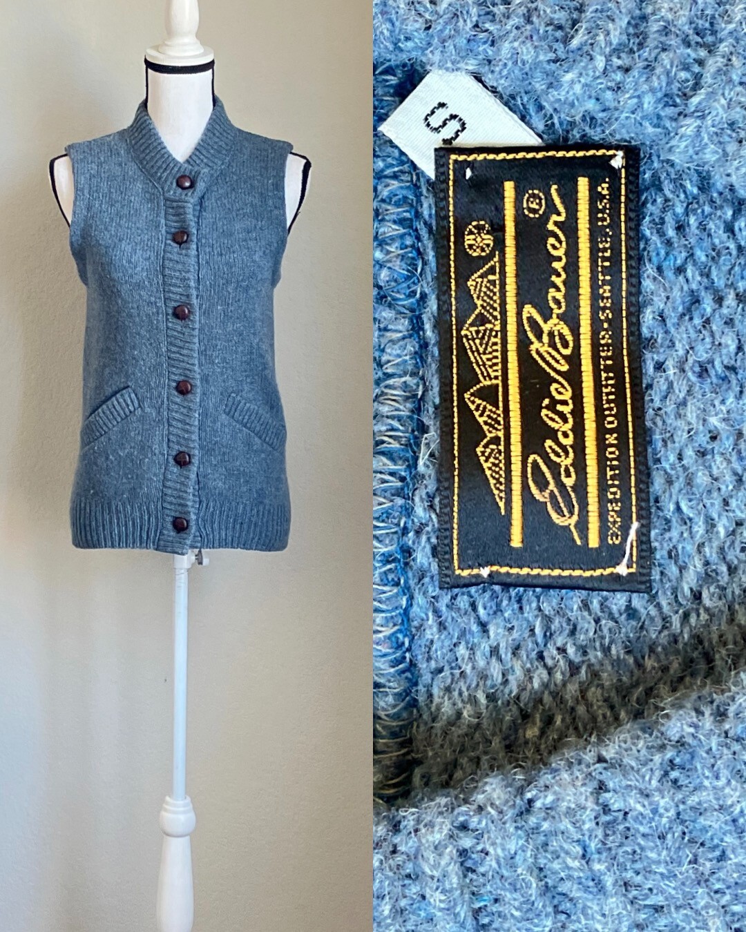 Vintage Greyish Blue V-Neck Pullover Sweater - M