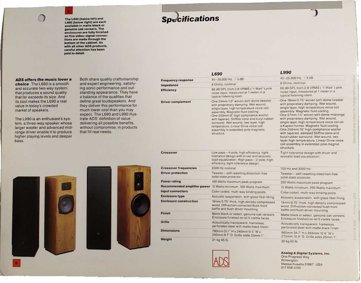 Original Vintage ADS L690 and L990 Speakers Brochure Excellent