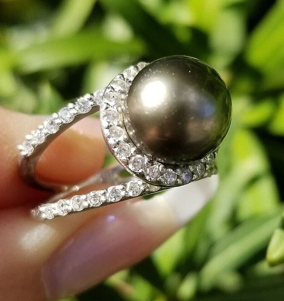 18ct white gold 11mm Tahitian pearl & 0.42ct diamond ring - Jewellery from  Mr Harold and Son UK