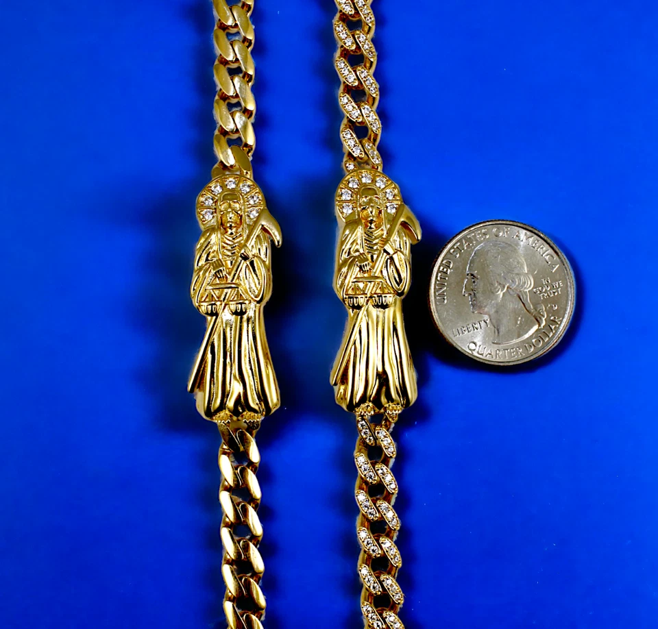14K Yellow Gold Santa Muerte Reaper CZ Monaco Cuban Link Chain ID Bracelet - Image 3 of 4