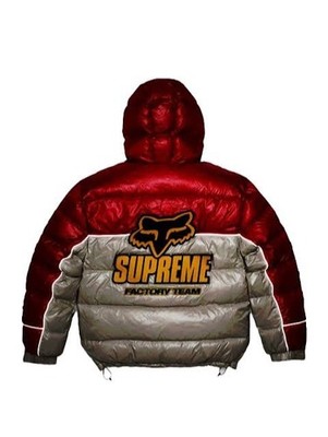 Supreme x Fox Racing Puffer Jacket Size L Red / White Hooded Glossy