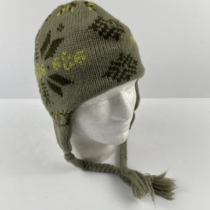 686 Knit Beanie Adult OS Ear Flaps Tassels Green Snowflakes Logo Winter Ski