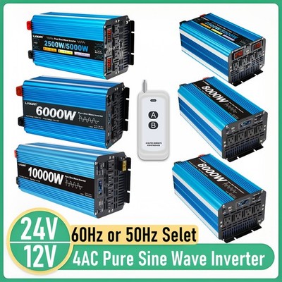 5000W - 10000W Pure Sine Wave Power Inverter 12V 24V 110V 4AC w/Remote Control