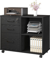 File Cabinet 3 Drawer Mobile Filing Cabinet Lock Shelf Office Black Wood Casters