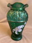 Fenton Designer Showcase Emerald Green Iridescent Hand Painted Lily Design Vase