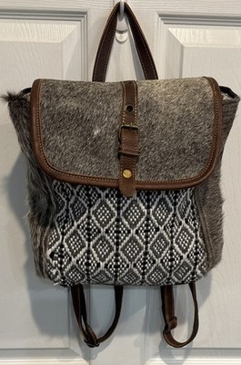 Myra Bag Cowhide Hair On Leather Backpack Western Boho Canvas Southwest Purse