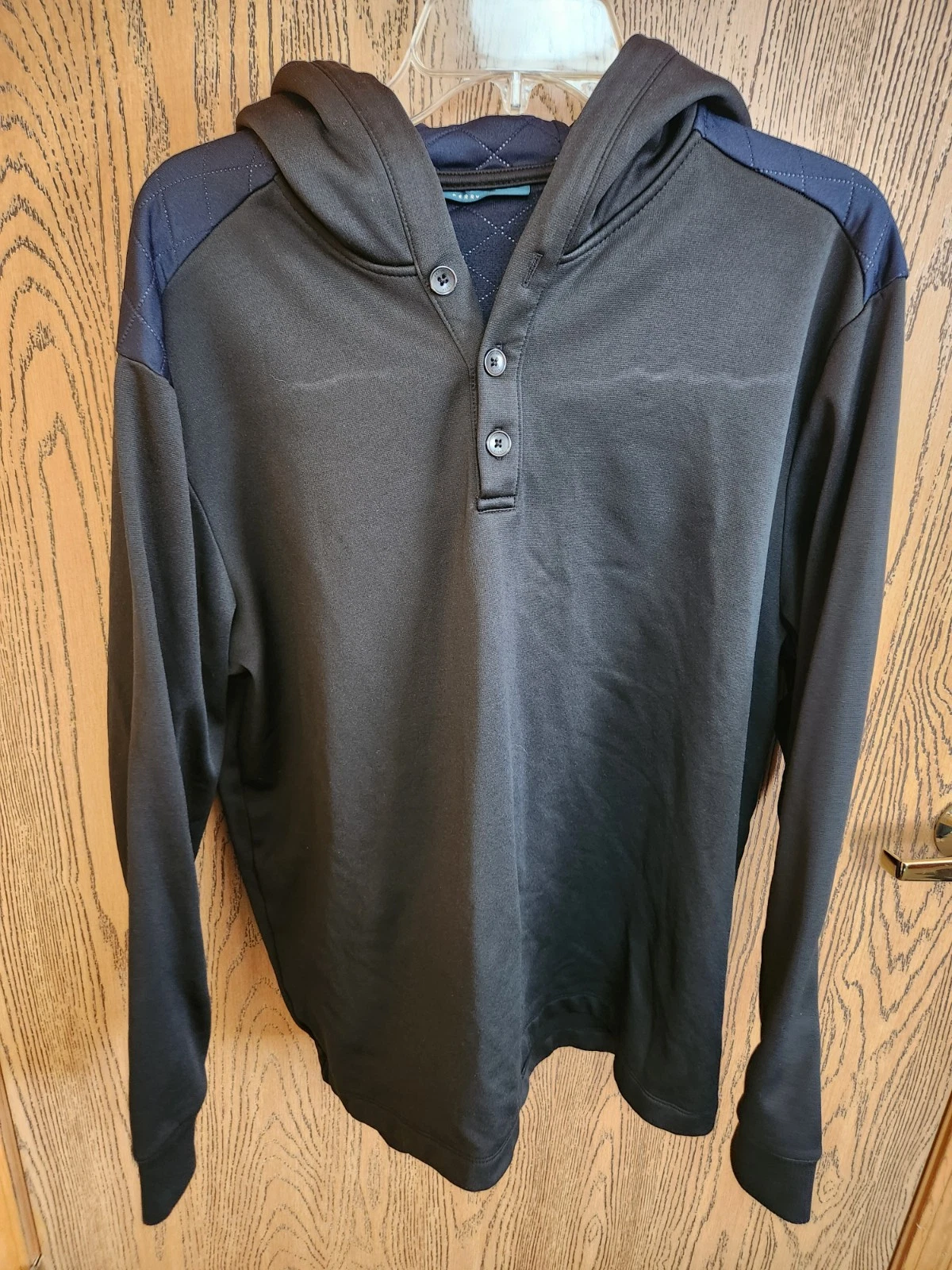 Perry Ellis Pullover Mens XL Black Quilted Quarter Snap Hoodie Sweatshirt
