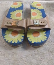 Vintage Dr. SCHOLLS Wood Platform Sandals FLORAL Design Sunflower Size 7 USA