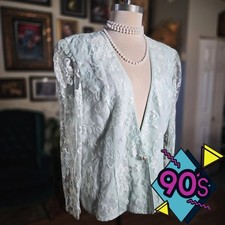 Vintage 90s Patra Mint Green Floral Lace Evening Long Sleeve Top Pearl Button