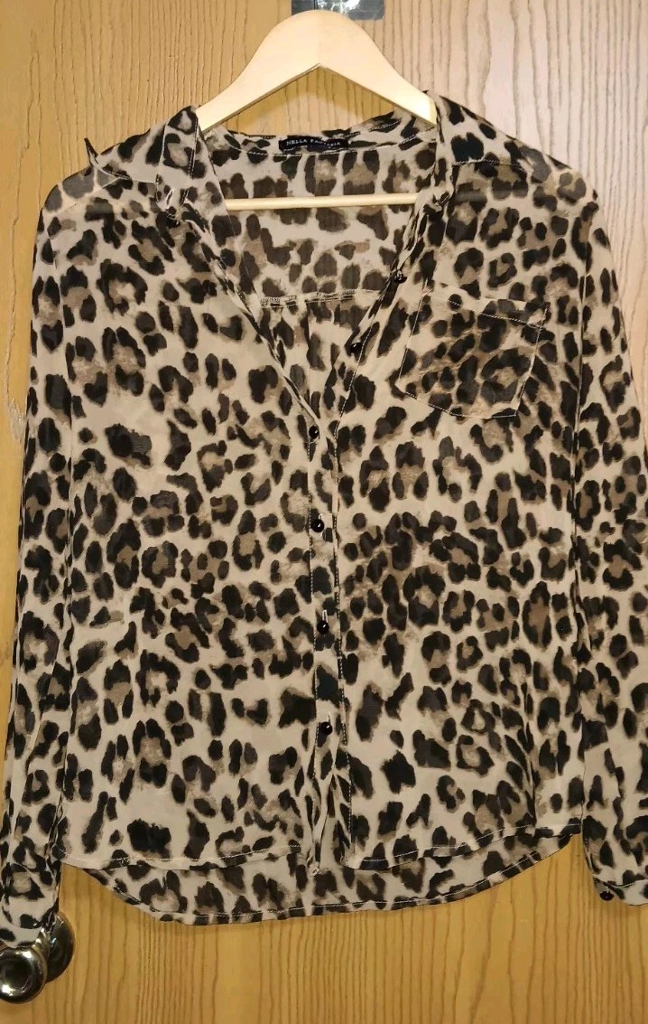 Nella Fantasia Womens Long Sleeve Button Up Blouse Size Medium Sheer Leopard...