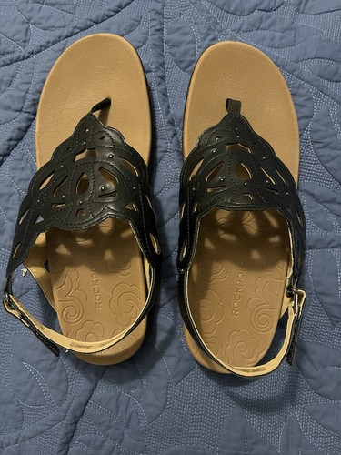 Rockport Sandals Black Faux Leather Thong Slingback Comfort Casual Women's 10