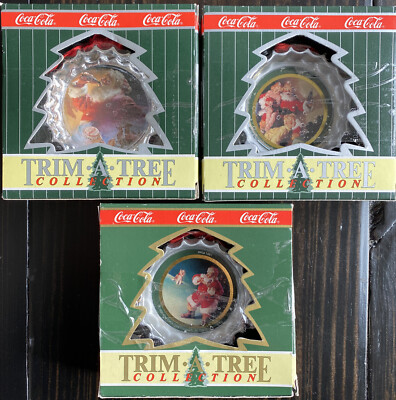 Lot Of 3 Coca-Cola Trim-A-Tree Collection 1990 Santa Bottle Top Ornaments