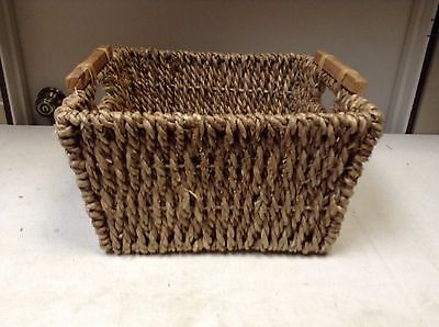 Round Woven Seagrass Storage Organizer Toy Bathroom Basket Wood Handles 11x5 SM