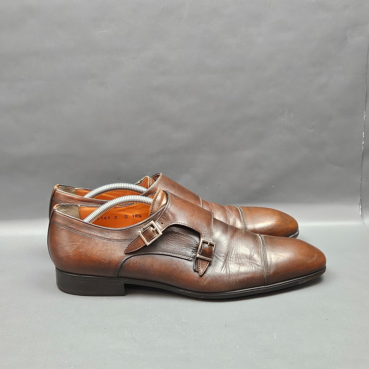 Santoni Double Monk Strap Mens US Brown Leather Cap Toe
