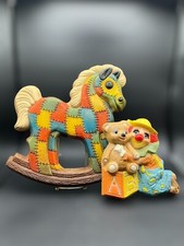 Vintage 70s Patchwork Foam Nursery Clown Teddy Bear Rocking Horse Wall Art