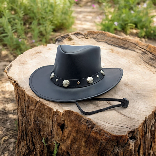 Midnight Black and Brown 100% Real Leather Australian Western Style Cowboy Hat - Picture 7 of 15