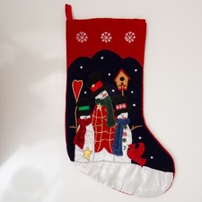 Snowman Christmas Stocking Birdhouse Snowflakes Red Velvet Backing Snowmen