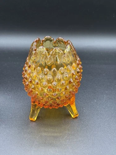 Vintage Fenton Glass Amber Hobnail 3 Footed Oval Rose Bowl Vase Bx2 #180