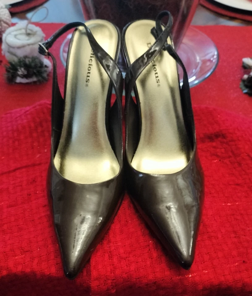 Вкусный, темно-коричневый искусственной лакированной кожи заостренный носок Stiletto слинга насосы - Изображение 2 из 4