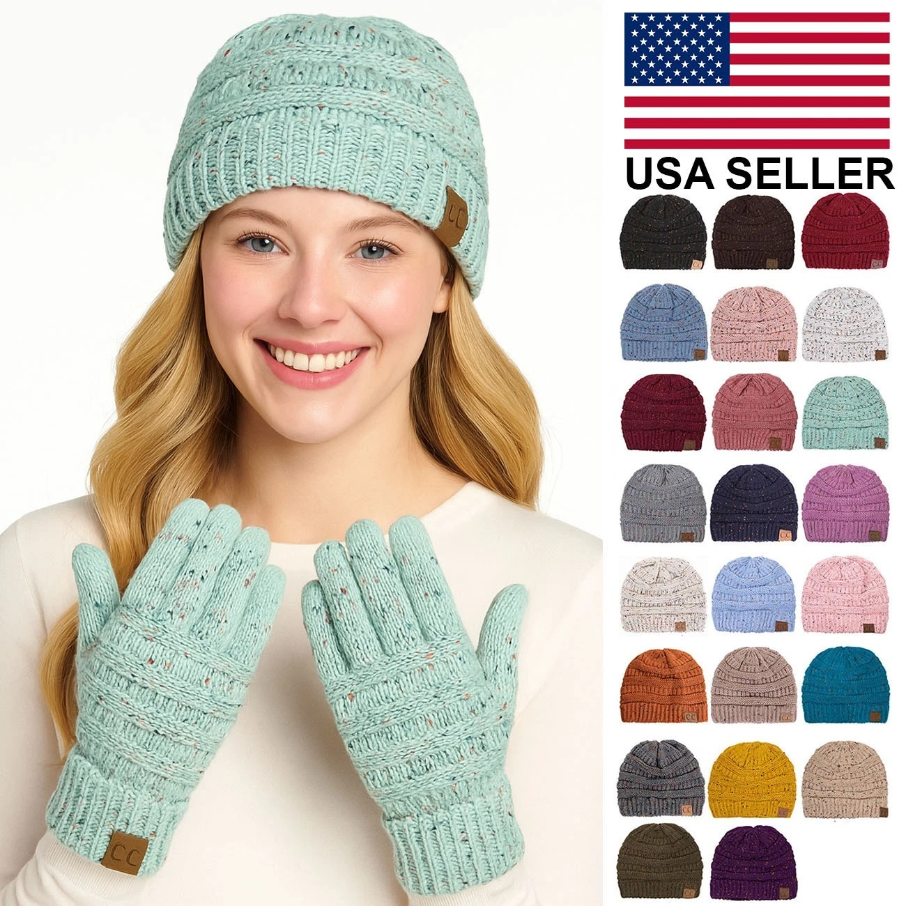 C.C Women 2pc Set Soft Cozy Confetti Ribbed Cable Knit Stretch Beanie Gloves