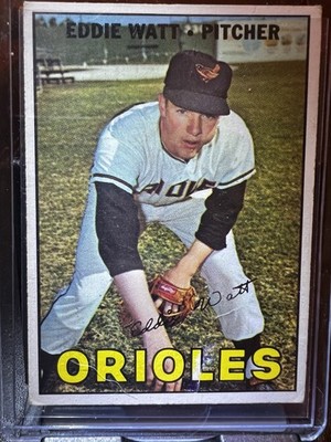 1967 Topps Eddie Watt Orioles Rare White Print Streak Error Vintage MLB Card