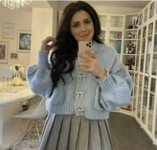 Zara Blog’s Fav Rhinestone Bow Buttons Chunky Wool Blend Cardigan no returns