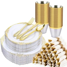 350 PCS White and Gold Plastic Plates, Plastic Dinnerware Set for 50 Guests, ...