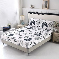SDIII White Gamer Queen Fitted Sheet with 2 Pillowcases, Not Inclduing Flat S...
