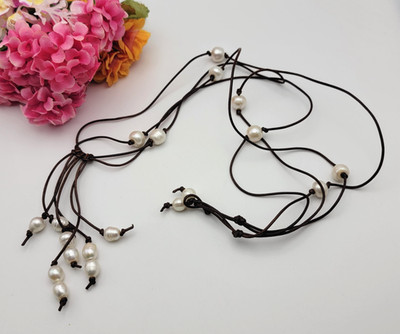 Bohemian White Baroque Pearl Brown Leather Cord Tassel Toggle Necklace 38''