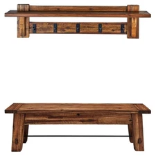 Durango 60-Inch Industrial Wood Coat Hook Shelf and Bench Set, Rustic Farmhouse 