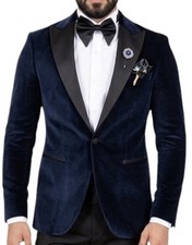 FIRST CLASS PLUS Luxury Velvet Tuxedo Suit Slim Fit Dark Blue Dinner Jacket