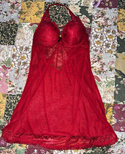 Marilyn Monroe Red Sheer Lace Mesh Halter Babydoll Gown Lingerie XL