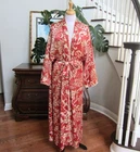 NATORI Vintage Red & Gold Floral Kimono Sleeve Long Robe Women's Size 1X