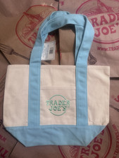 Trader Joe's Mini Canvas Tote Bag Pastel Blue/ Beige Cotton/Poly 13x11x6 New