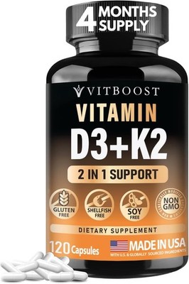 VITBOOST Vitamin D3 K2 Complex - Easy to Swallow | Gluten-Free | USA Made 120CAP