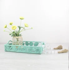 New Swirly Rectangle Rattan Tray with Handles-Sage Leaf-15.5"