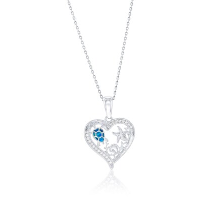 Silver Outline Heart CZ w/Ocean Life and Blue Opal Turtle Pendant