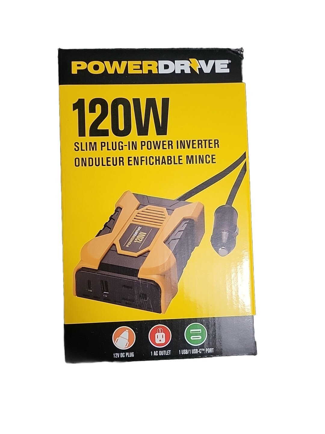 PowerDrive 120 Watt Slim PlugIn Inverter with 1 AC, 2 USB A/C Ports