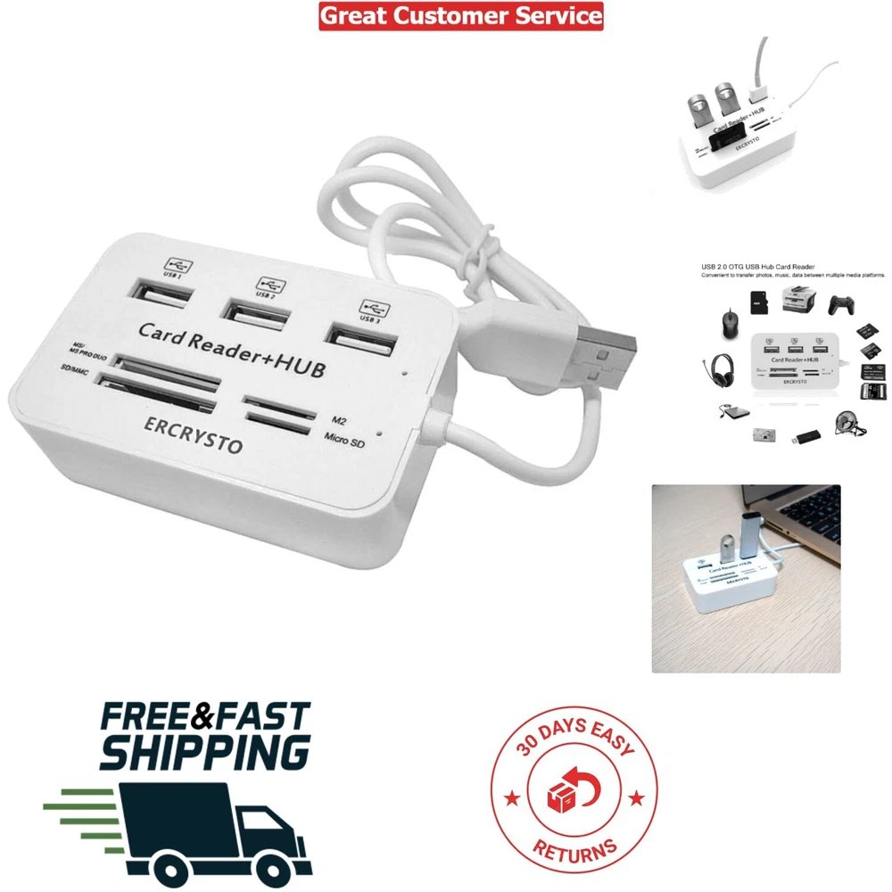 Compact White USB Hub & Card Reader - Plug & Play with Multi-Card Support