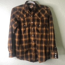 FILSON GARMENT Gabardine Virgin Wool Flannel Plaid Shirt PEARL SNAPS Made in USA