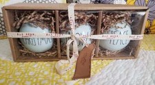 Rae Dunn Set of Three Matching Christmas Tree Ornaments Blue Snow Peace Round NE