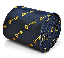 Frederick Thomas Designer Mens Tie - Dark Navy Blue - Embroidered Gold Key Print