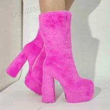 Women Calf High Boots Platform Fluffy Full Zipper Chunky Block High Heel Boots